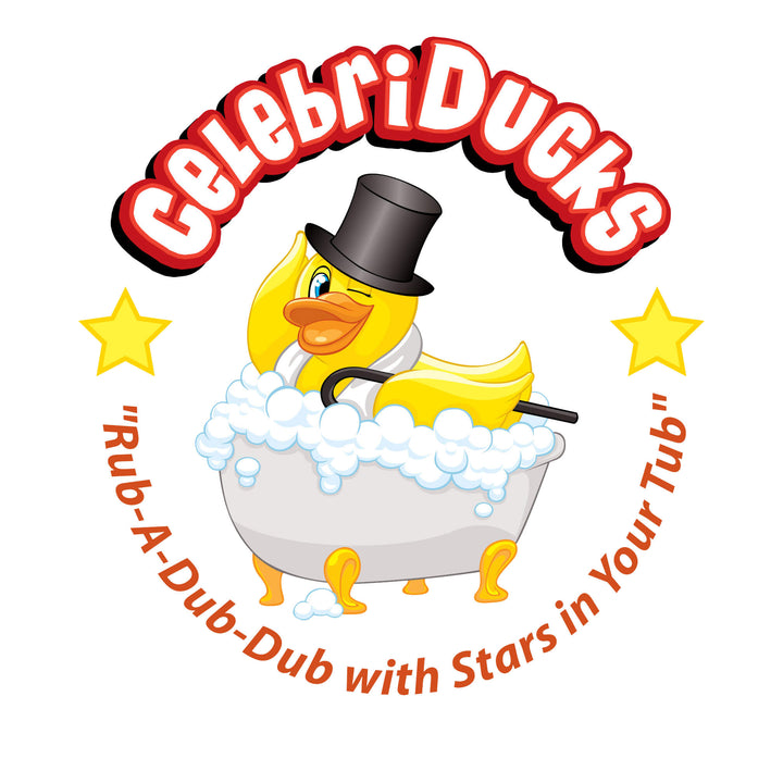 Logo Badeenten Marke CelebriDucks gelbe Badeente mit Zylinder zwinkert in schäumender Badewanne