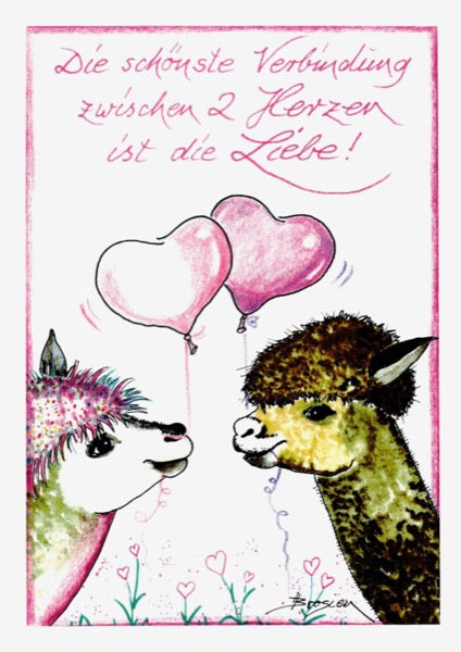 Grußkarte Klappkarte Alpaka "2 Herzen" 11 x 15 cm Heidemarie Brosien
