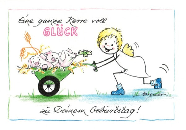 Grußkarte Klappkarte Engel Geburtstag "Eine ganze Karre voll Glück" 15 x 11 cm Heidemarie Brosien