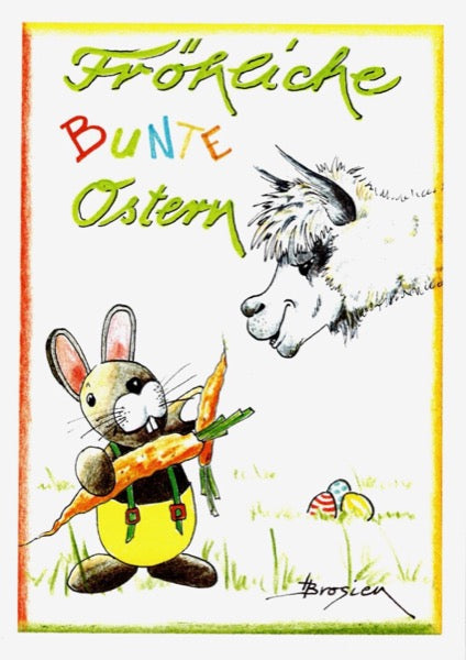 Grußkarte Klappkarte Alpaka Osterhase "Fröhliche bunte Ostern" 11 x 15 cm Heidemarie Brosien
