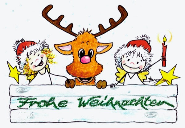 Grußkarte Klappkarte Engel Schneemann Weihnachten "Frohe Weihnachten" 15 x 11 cm Heidemarie Brosien