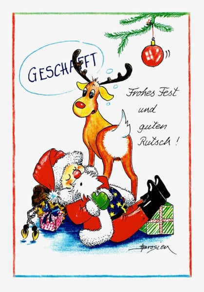 Grußkarte Klappkarte Weihnachtsmann Rentier "Geschafft" 11 x 15 cm Heidemarie Brosien