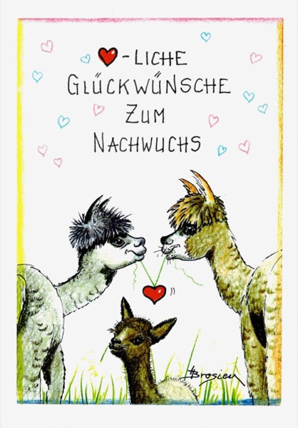 Grußkarte Klappkarte Alpaka "Glückwünsche zum Nachwuchs" 11 x 15 cm Heidemarie Brosien