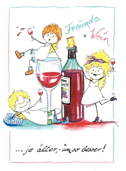 Grußkarte Klappkarte Engel "Freunde + Wein" 11 x 15 cm Heidemarie Brosien