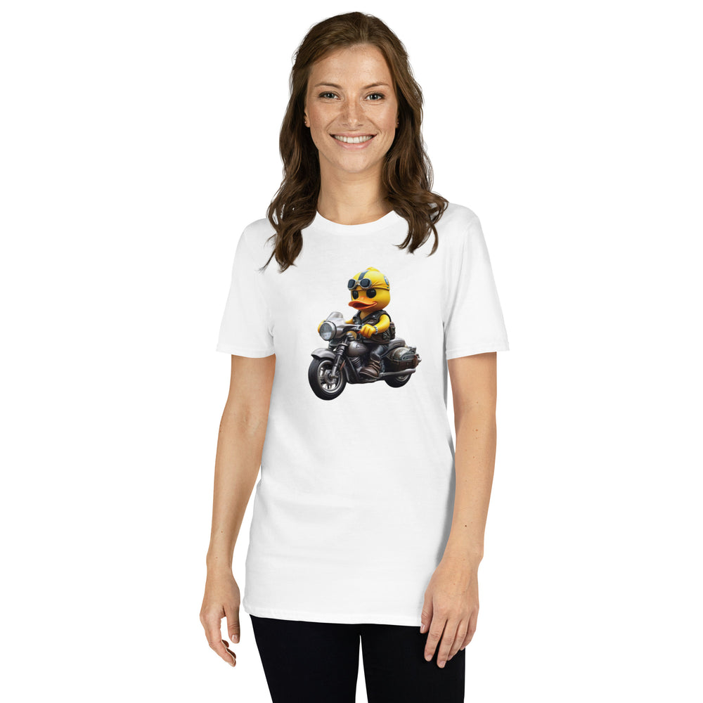 Kurzärmeliges Unisex T-Shirt Motorradfahrer Badeente Weiss S-3XL