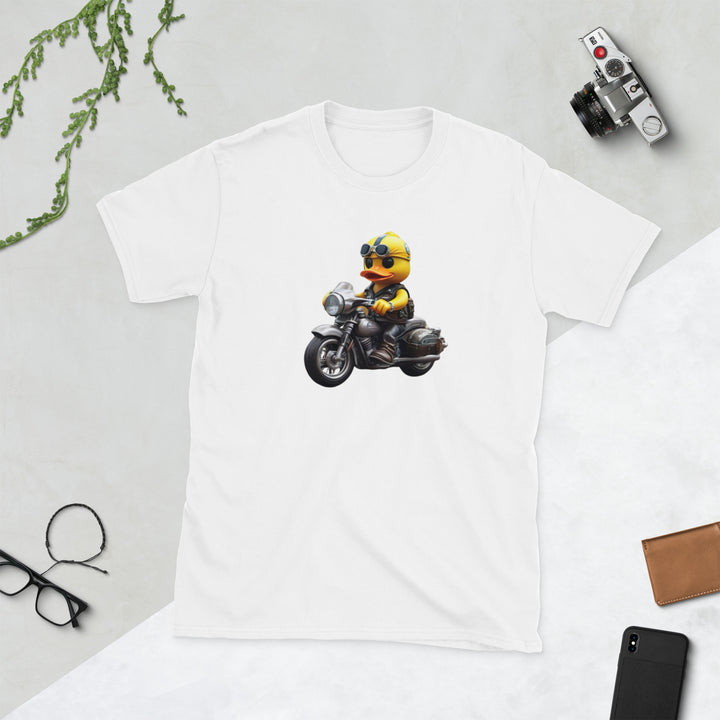 Kurzärmeliges Unisex T-Shirt Motorradfahrer Badeente Weiss S-3XL