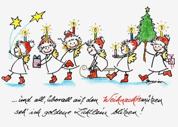 Grußkarte Klappkarte Engel Weihnachten "Weihnachtsmützen" 15 x 11 cm Heidemarie Brosien