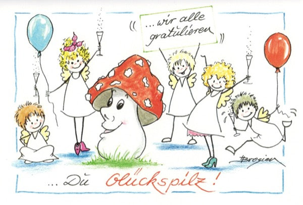 Grußkarte Klappkarte Engel Geburtstag "Wir gratulieren du Glückspilz" 15 x 11 cm Heidemarie Brosien