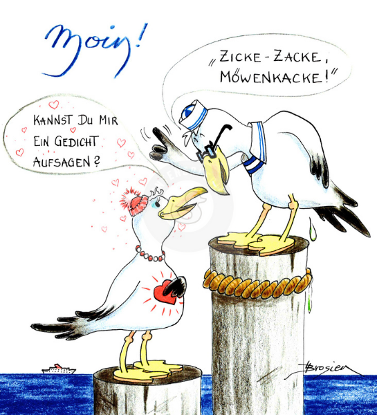 Passepartout Bild Möwen "Zicke Zacke Möwenkacke" 24 x 30 cm Heidemarie Brosien